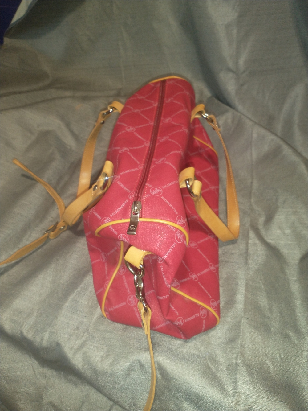 Salamander Red Patterned Tote with Tan Trim